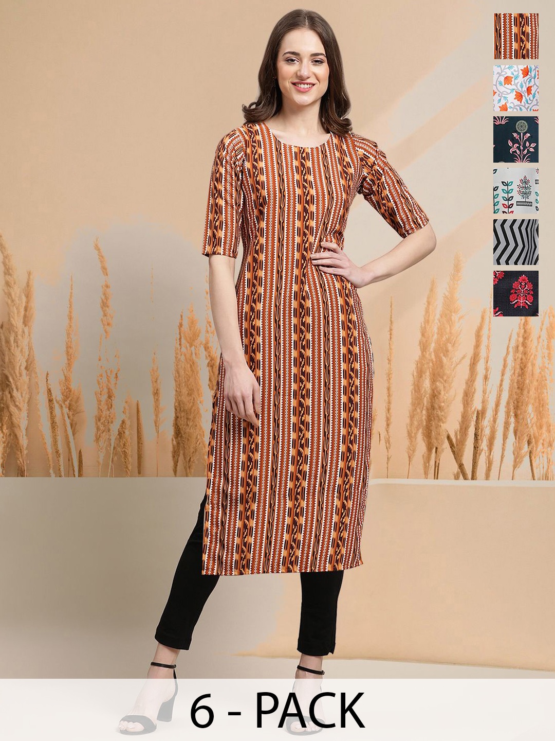 

7Threads Selection of 6 Geometric Printed Round Neck Straight Kurtas, Rust