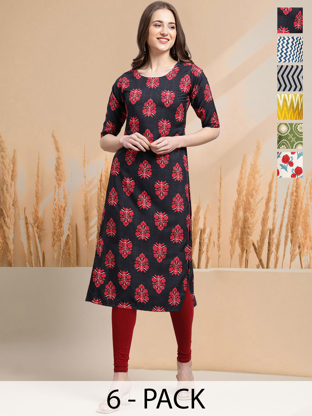 

7Threads Selection Of 6 Floral Printed Round Neck Straight Kurtas, Navy blue