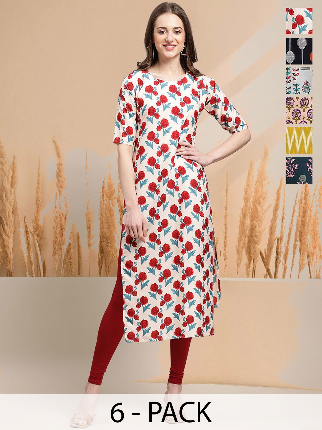 

7Threads Selection Of 6 Floral Printed Round Neck Straight Kurtas, Red