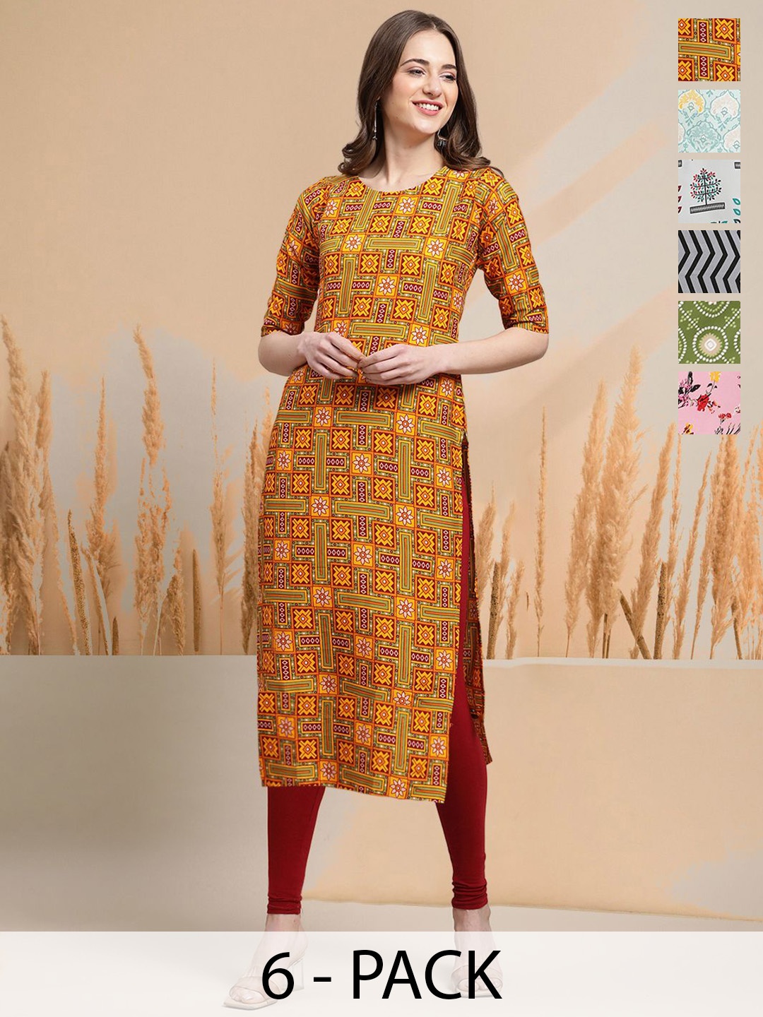 

7Threads Selection Of 6 Ethnic Motifs Printed Round Neck Kurta, Yellow