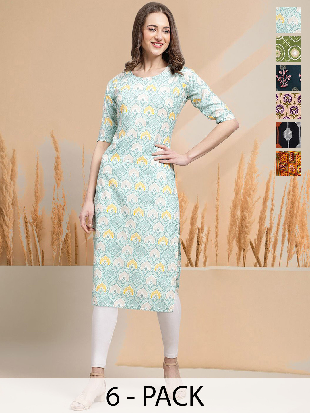 

7Threads Selection Of 6 Ethnic Motifs Printed Round Neck Straight Kurtas, Blue