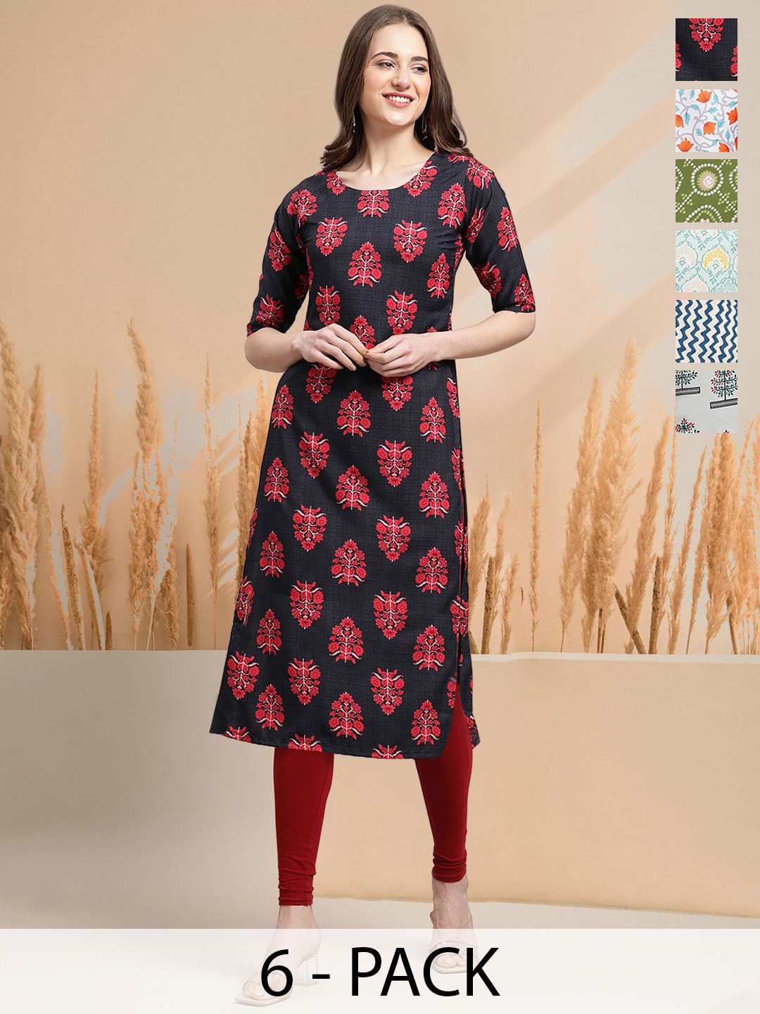 

7Threads Selection Of 6 Floral Printed Round Neck Straight Kurtas, Navy blue