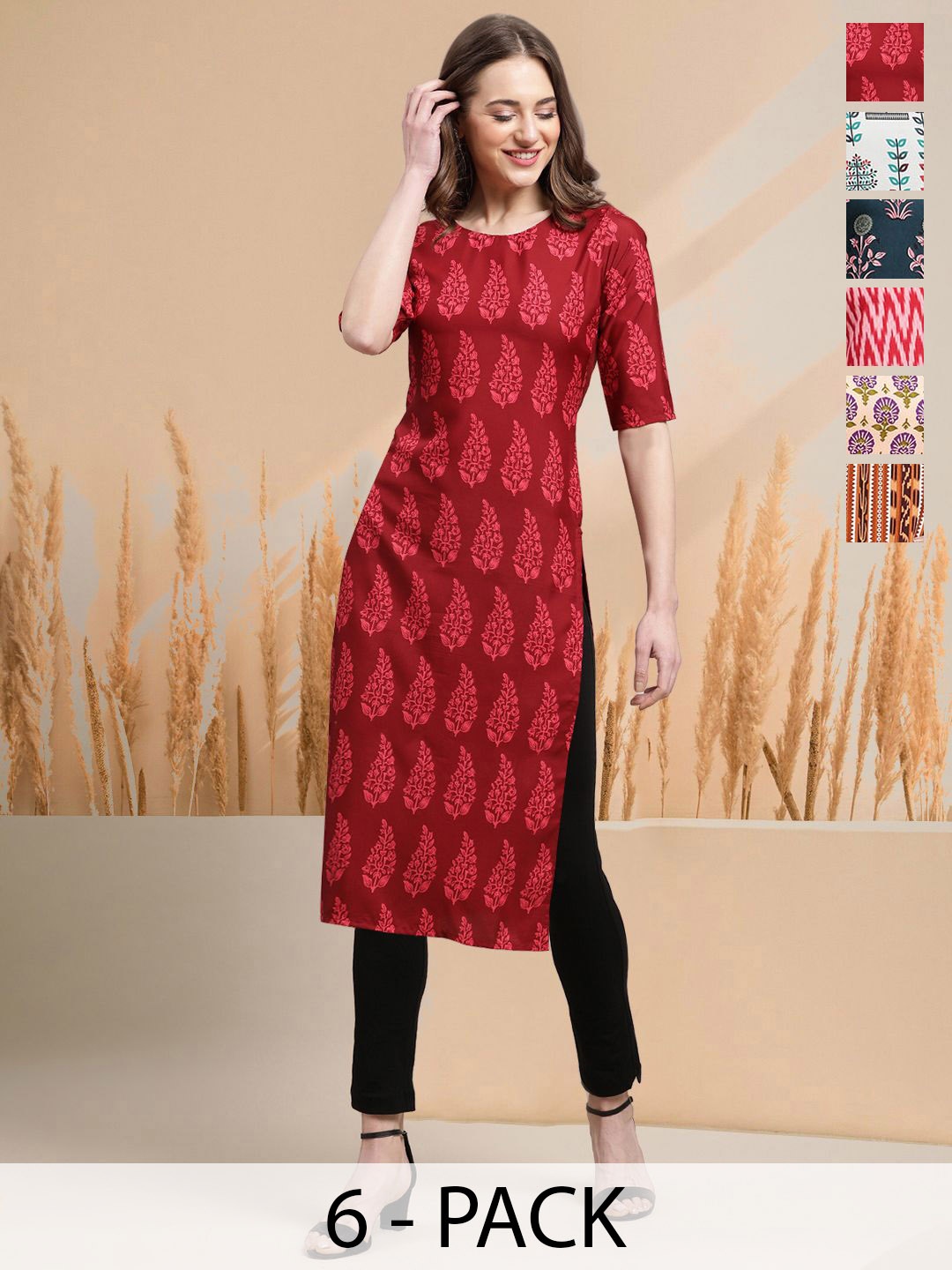

7Threads Selection Of 6 Ethnic Motifs Printed Round Neck Straight Kurtas, Maroon