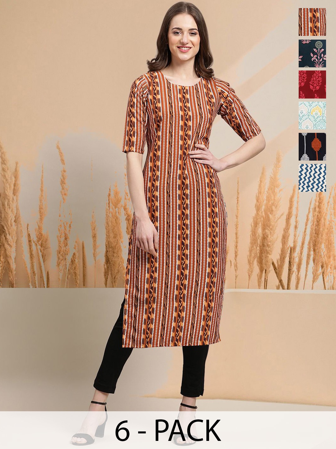

7Threads Selection Of 6 Ethnic Motifs Printed Round Neck Straight Kurtas, Orange