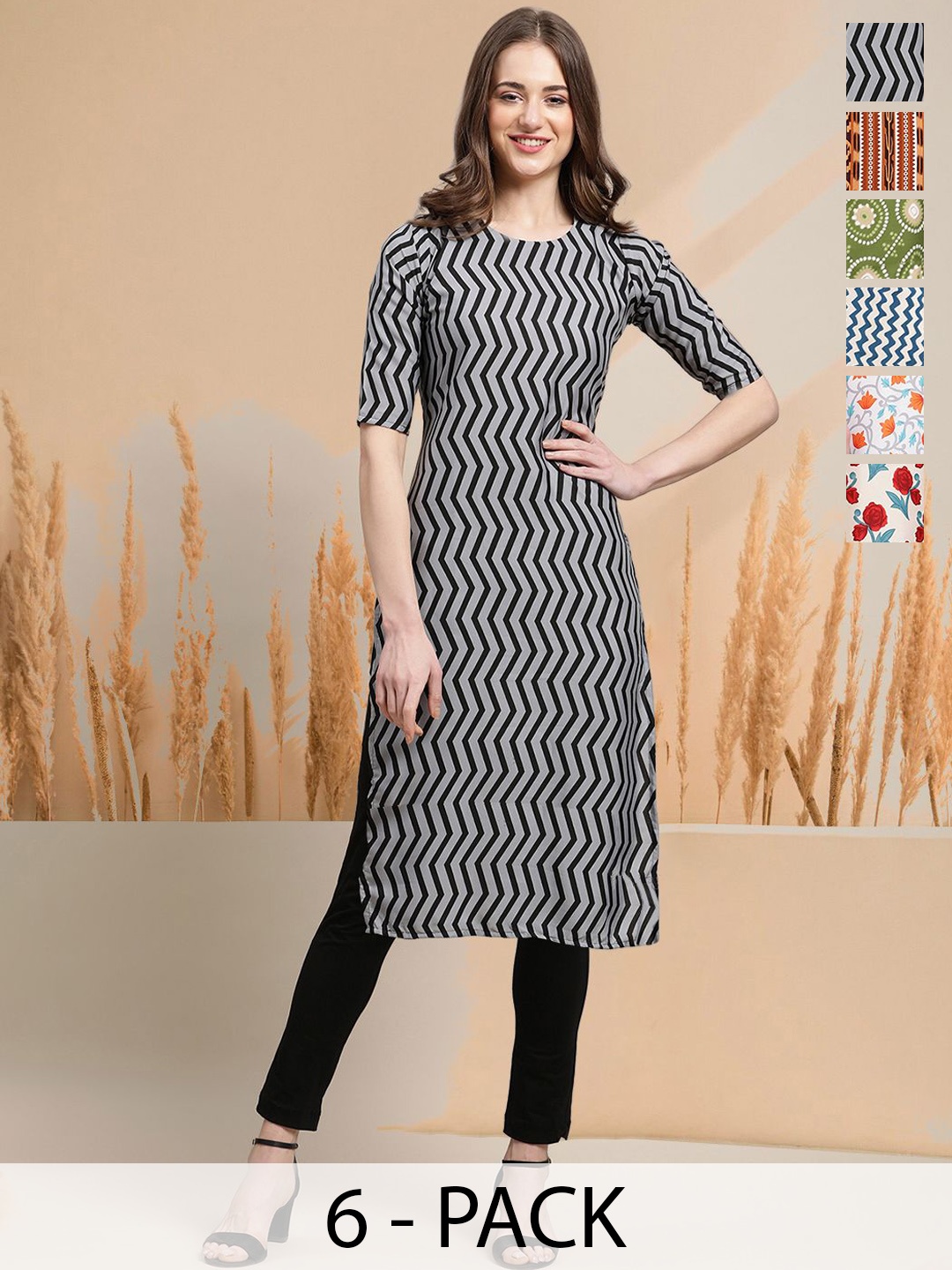 

7Threads Selection Of 6 Chevron Printed Round Neck Kurta, Grey
