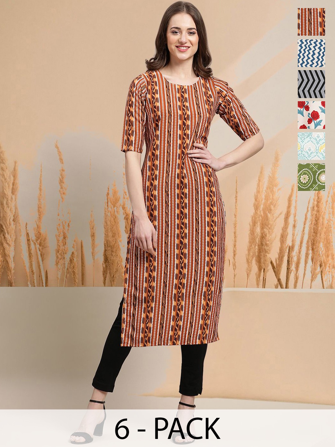 

7Threads Selection Of 6 Geometric Printed Round Neck Straight Kurtas, Orange