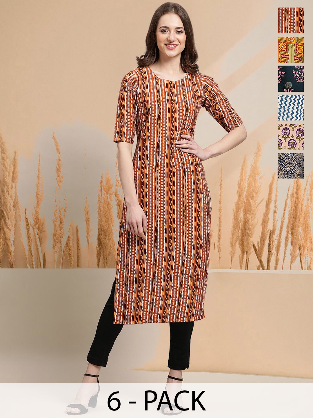 7Threads Selection Of 6 Geometric Printed Round Neck Kurtas, Brown
