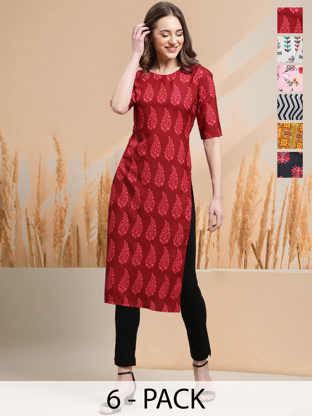 

7Threads Selection Of 6 Floral Printed Round Neck Straight Kurtas, Red
