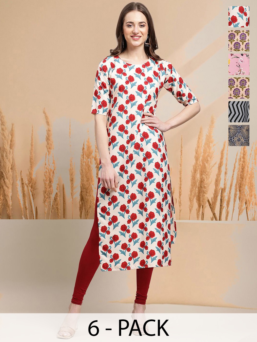 

7Threads Selection Of 6 Floral Printed Round Neck Straight Kurtas, White