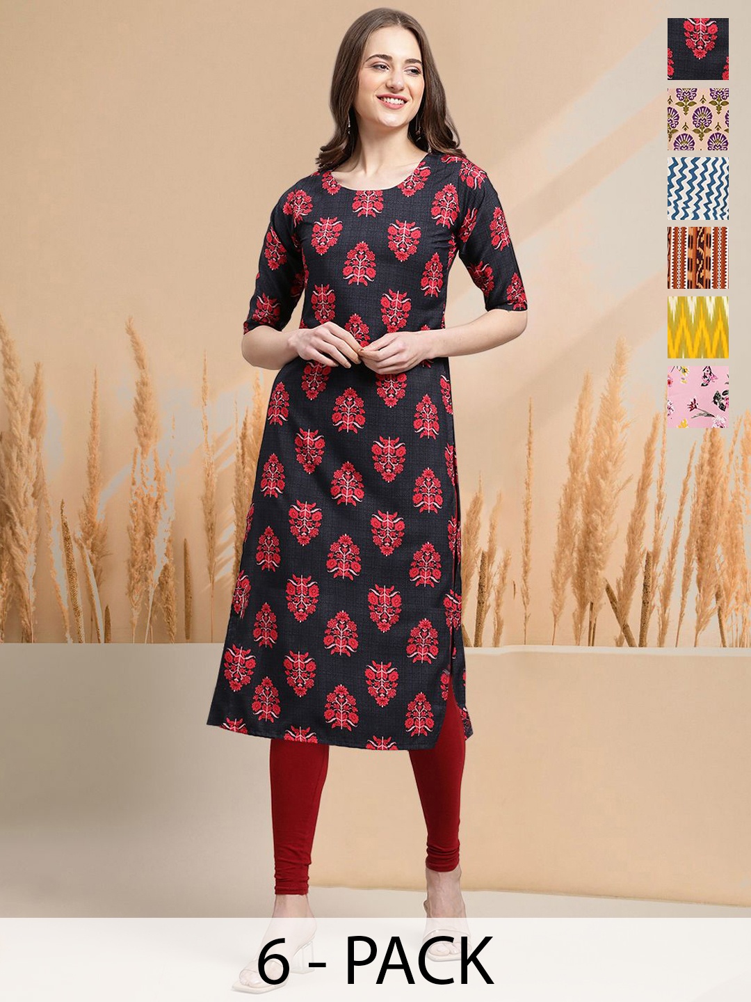 

7Threads Selection Of 6 Floral Printed Straight Kurtas, Black