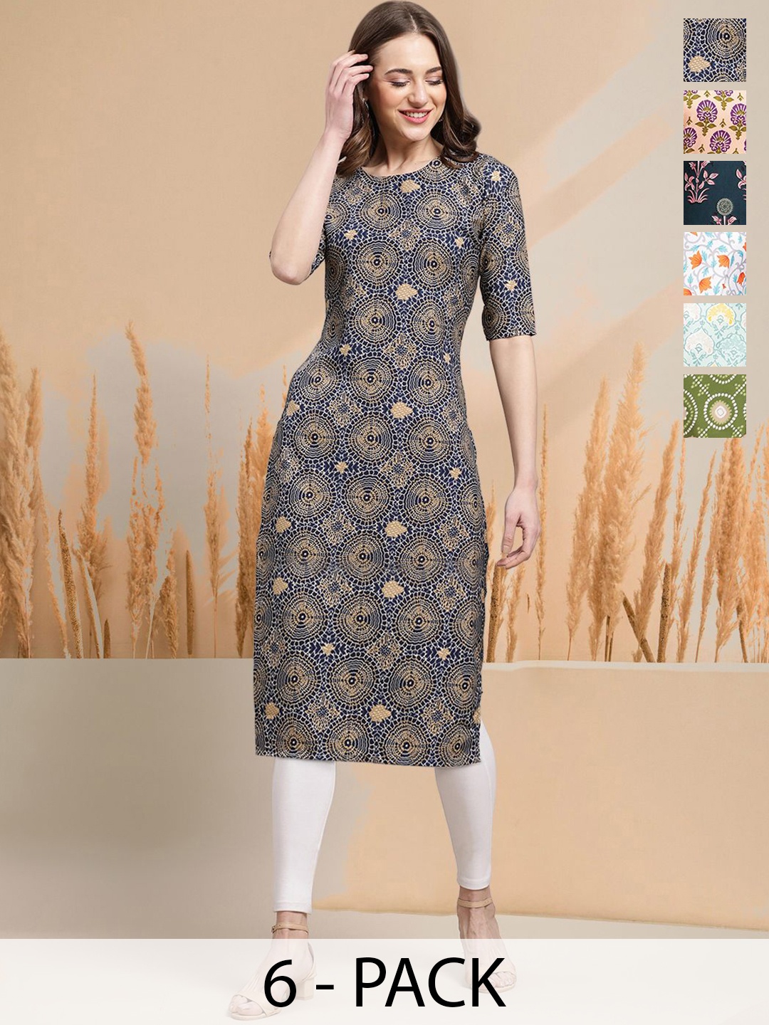 

7Threads Selection Of 6 Ethnic Motifs Printed Round Neck Kurtas, Blue