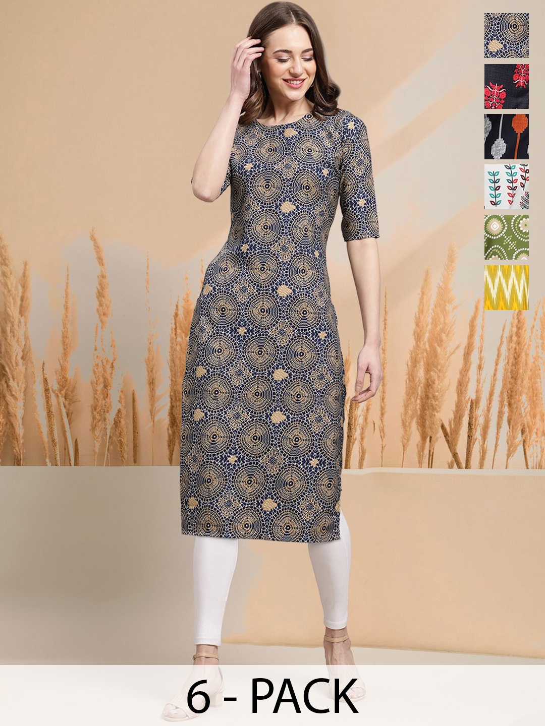 

7Threads Selection Of 6 Geometric Printed Round Neck Kurtas, Blue