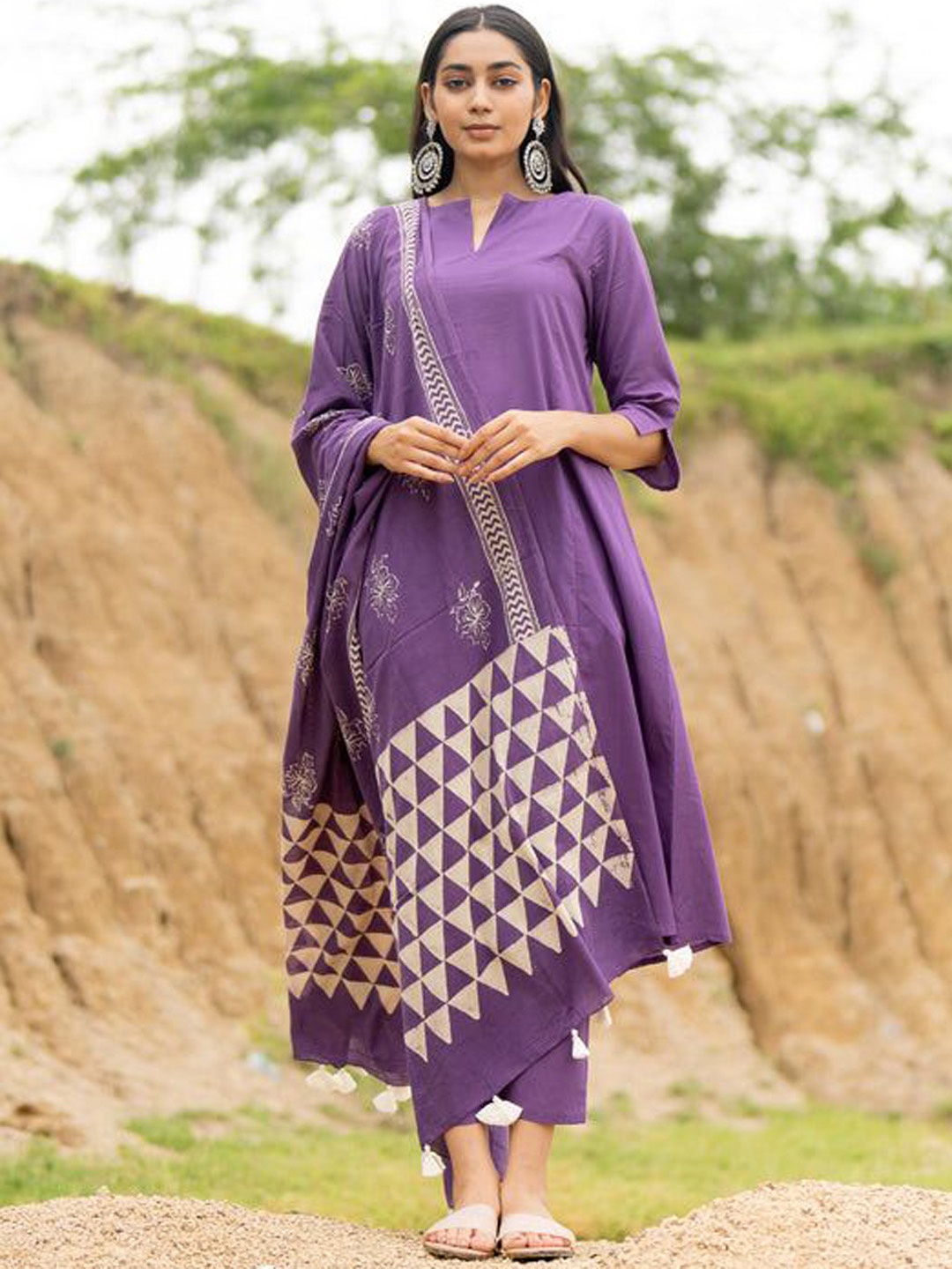 

Anni Designer Notch Neck A-Line Kurta With Trousers & Dupatta, Purple