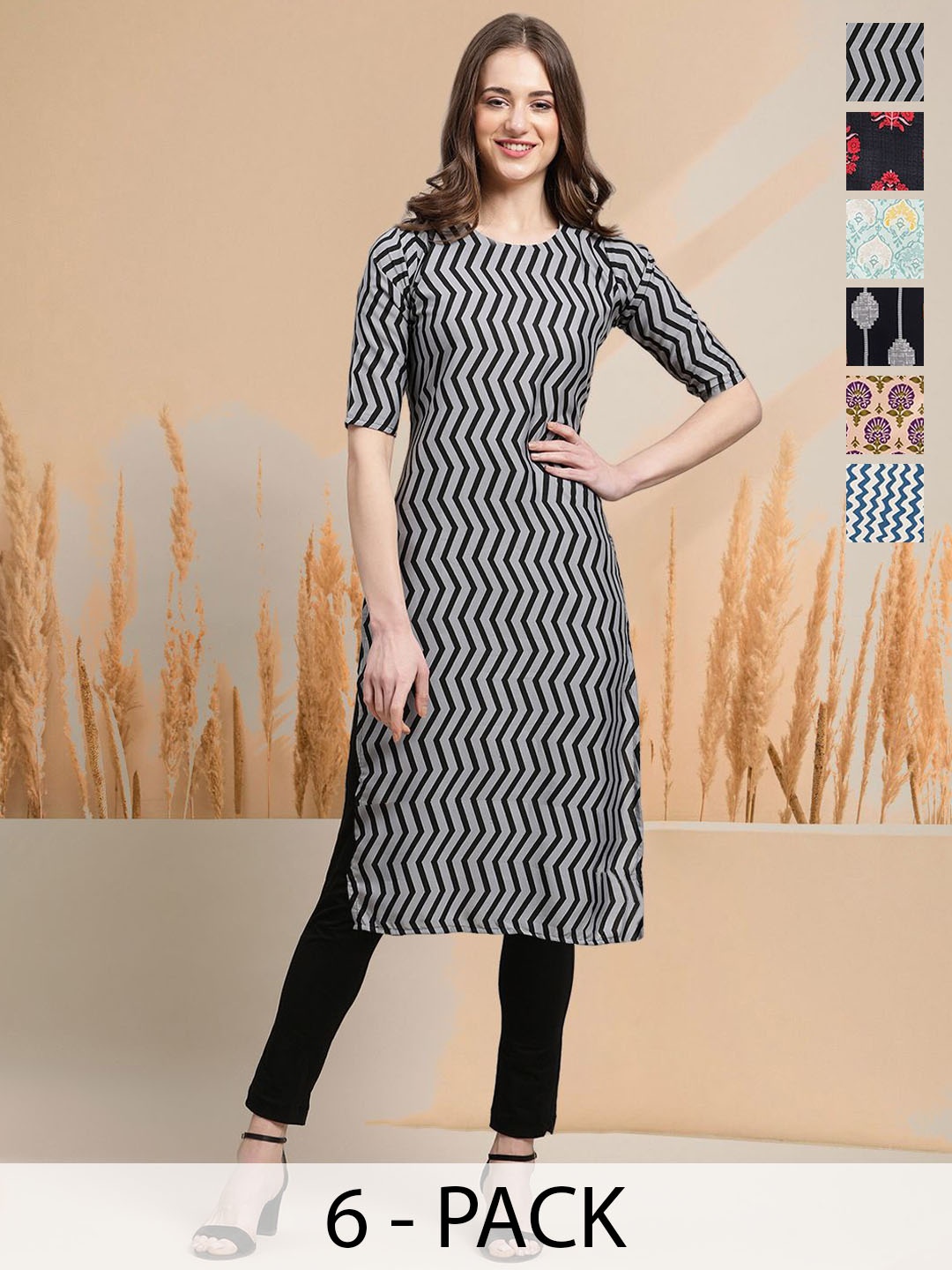 7Threads Selection Of 6 Chevron Printed Round Neck Straight Kurtas, Black