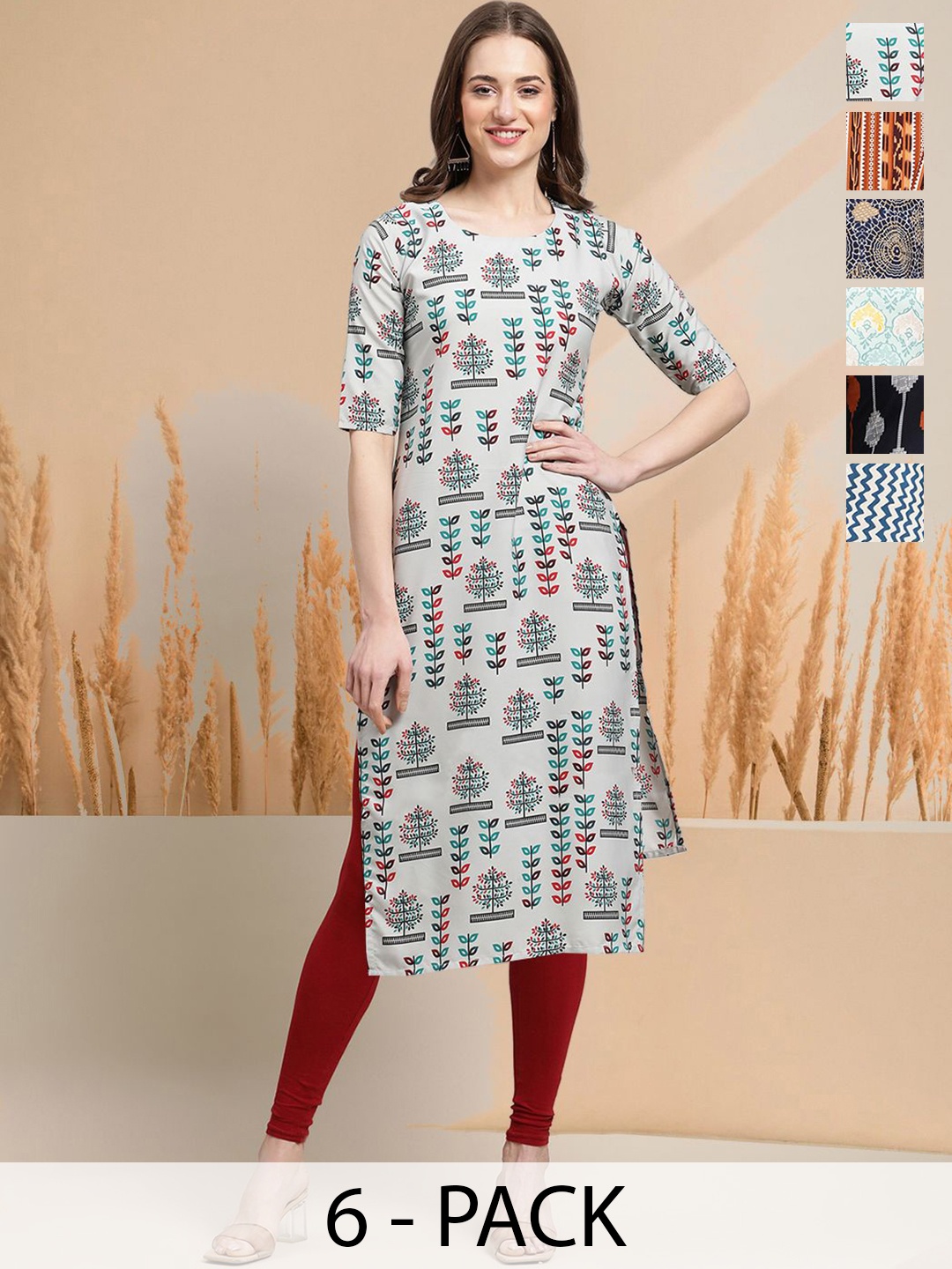 

7Threads Selection of 6 Floral Printed Round Neck Straight Kurtas, Grey