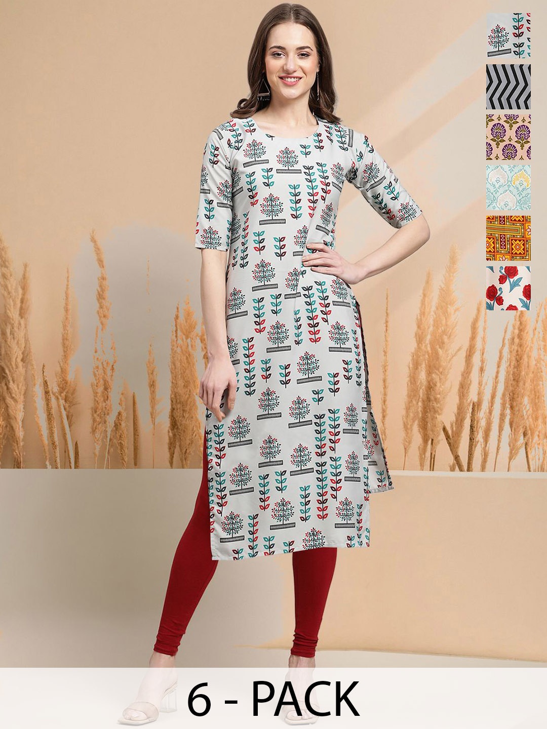 

7Threads Selection of 6 Floral Printed Round Neck Straight Kurtas, White