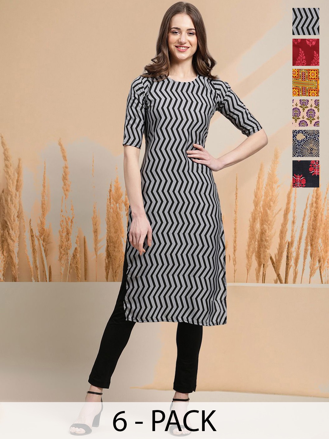

7Threads Selection of 6 Chevron Printed Round Neck Straight Kurtas, Grey
