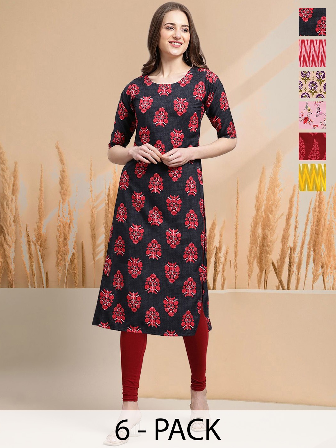 

7Threads Selection Of 6 Floral Printed Round Neck Straight Kurtas, Black