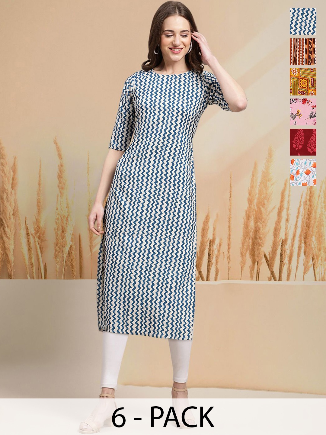 

7Threads Selection of 6 Chevron Printed Round Neck Straight Kurtas, Blue