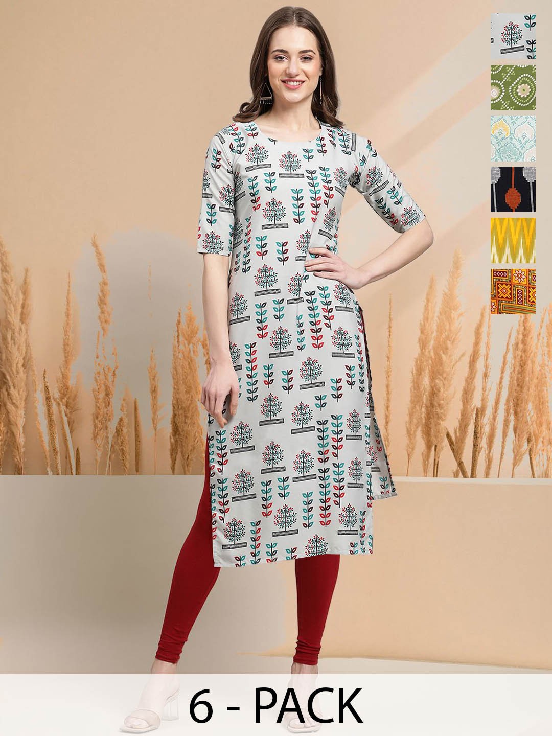 

7Threads Selection Of 6 Floral Printed Round Neck Straight Kurtas, Off white