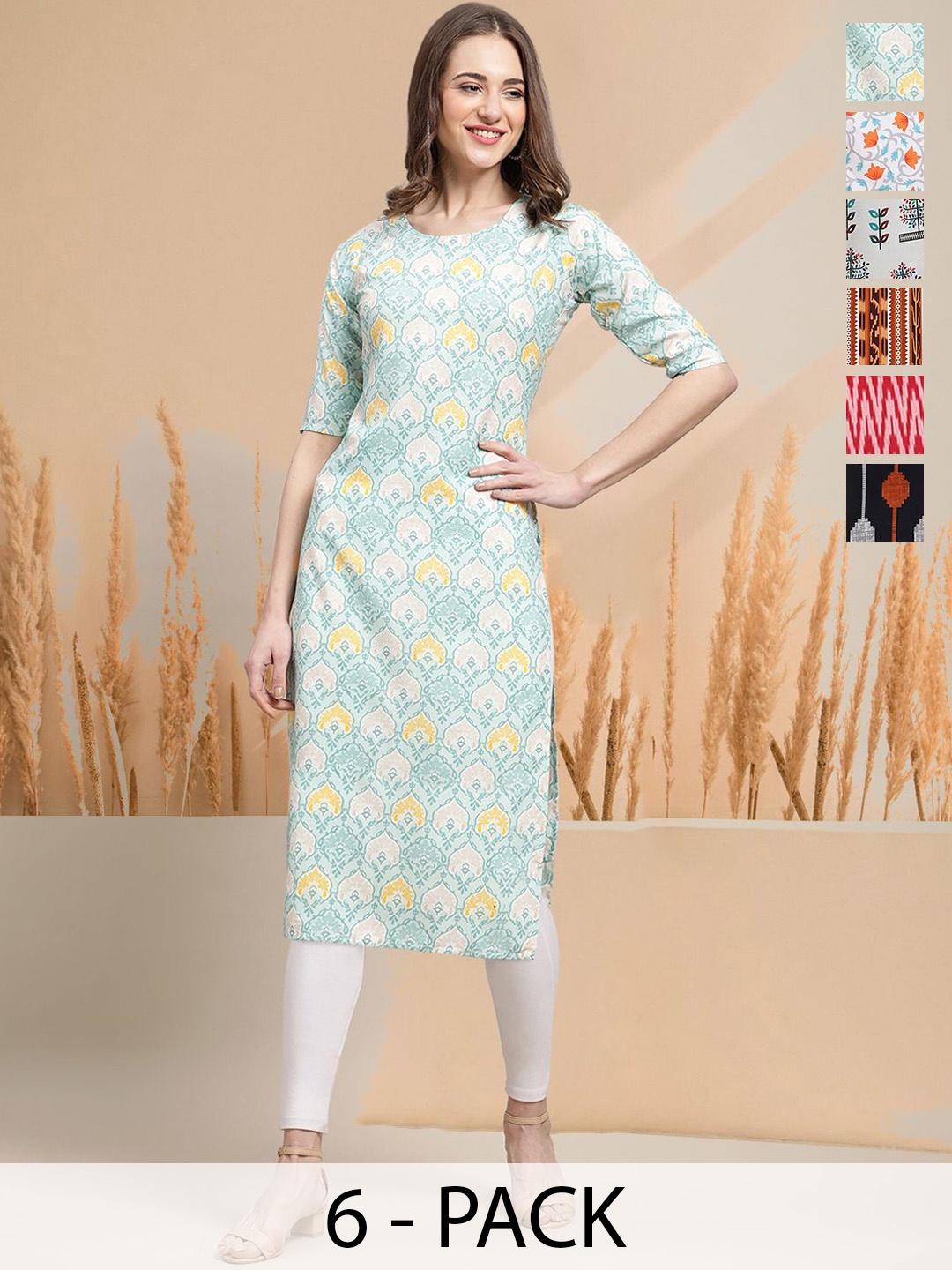 

7Threads Selection Of 6 Ethnic Motifs Printed Round Neck Straight Kurtas, White