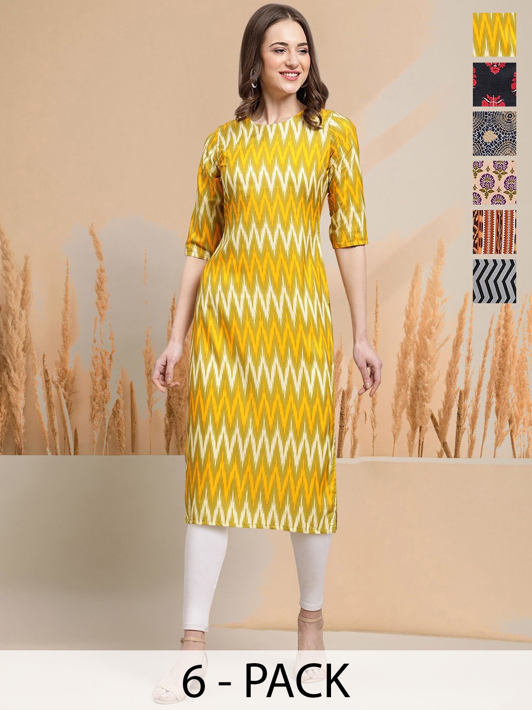 

7Threads Selection Of 6 Chevron Printed Round Neck Straight Kurtas, Yellow