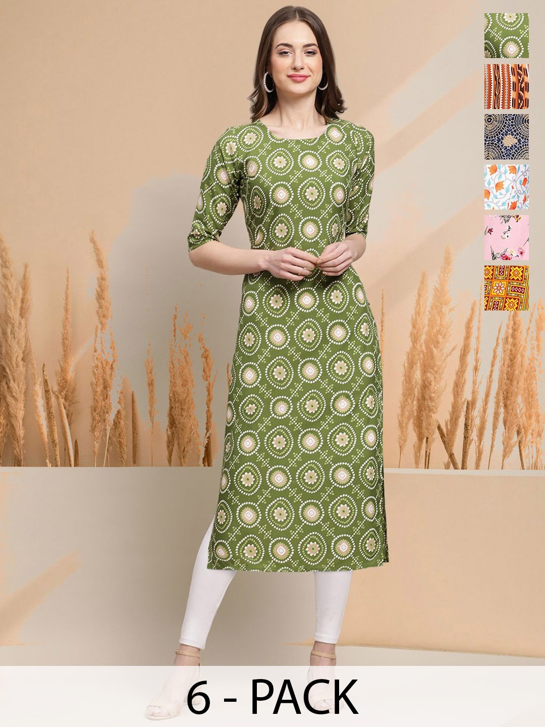 

7Threads Selection of 6 Geometric Printed Round Neck Straight Kurtas, Green