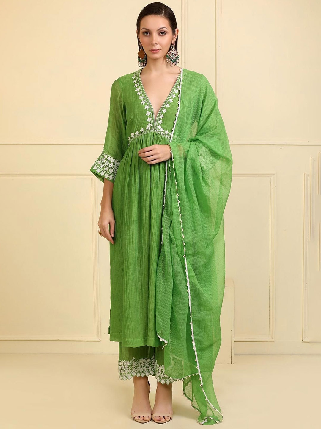 

Anni Designer V-Neck Thread Work Empire Style Anarkali Kurta With Palazzo & Dupatta, Green