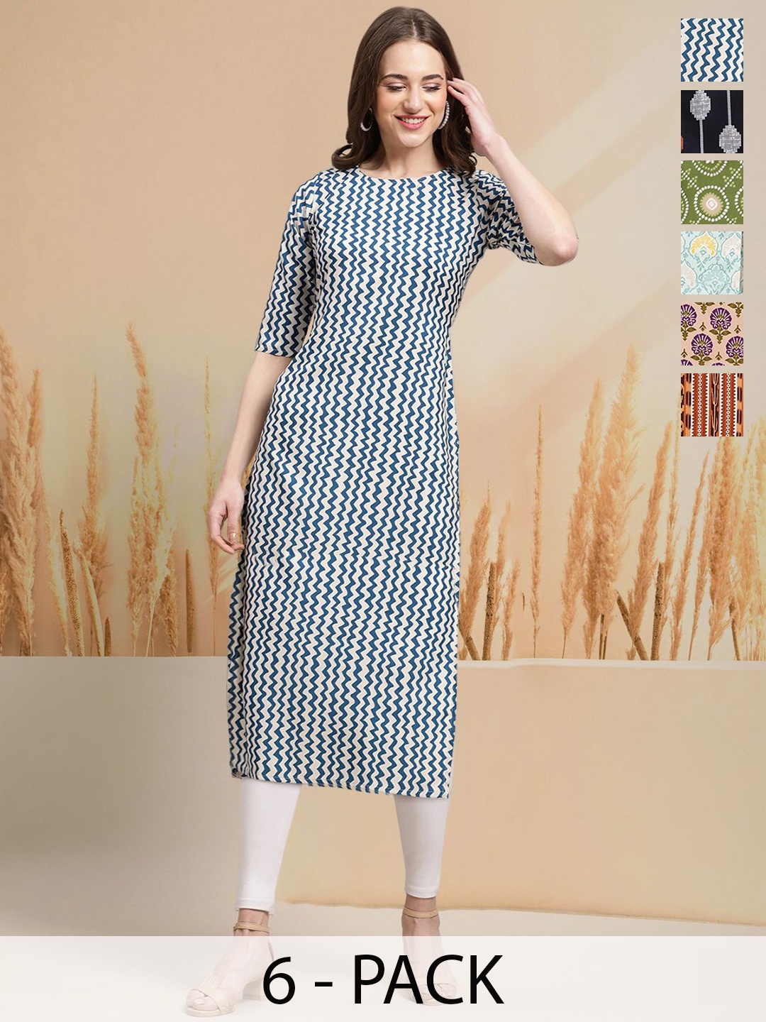 

7Threads Selection Of 6 Chevron Printed Round Neck Straight Kurtas, Blue