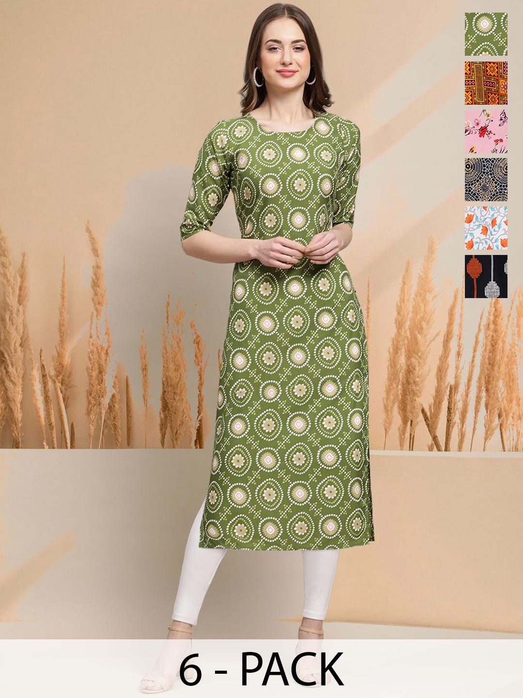 

7Threads Selection of 6 Floral Printed Round Neck Straight Kurtas, Green