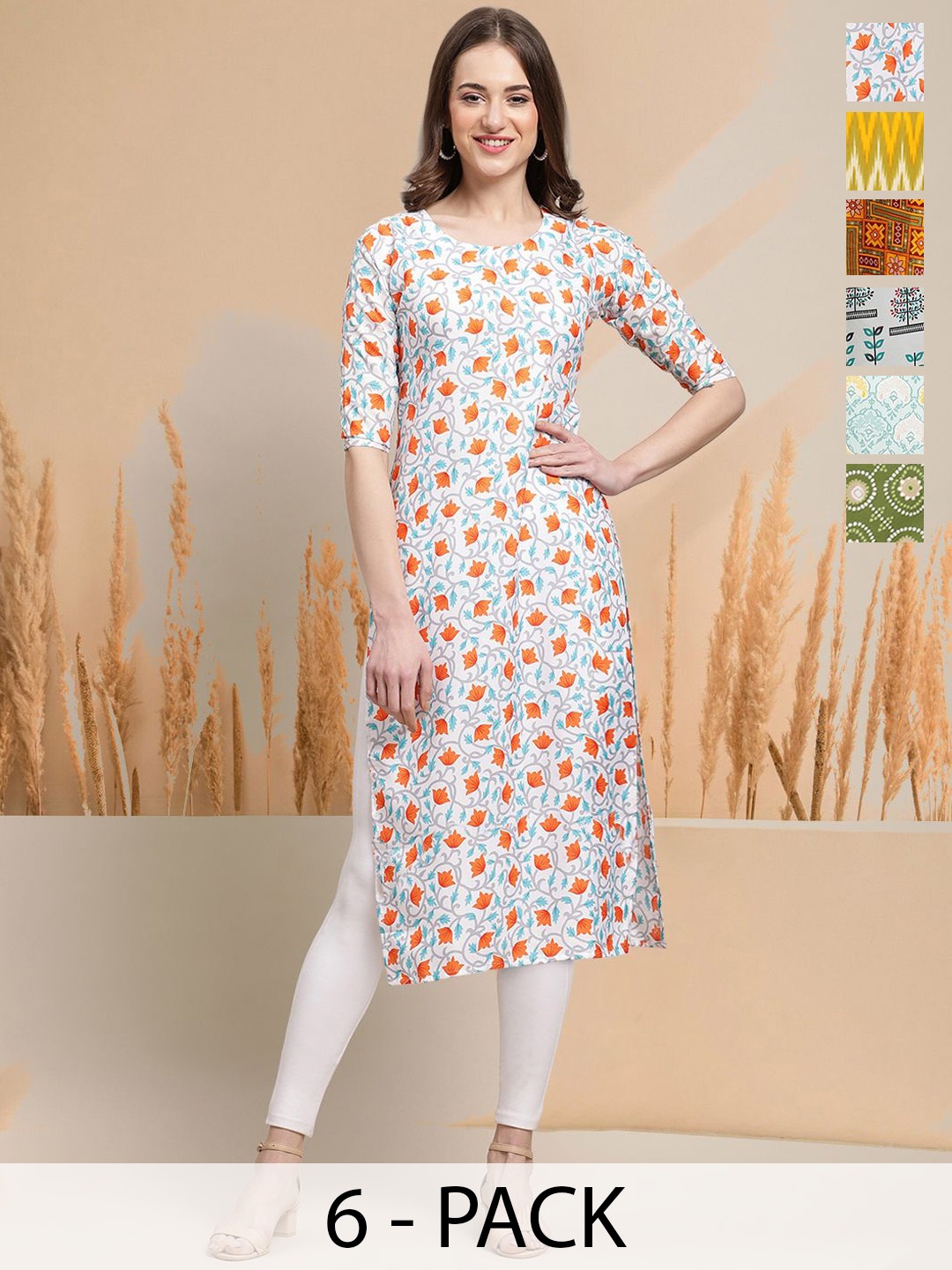 

7Threads Selection of 6 Floral Printed Round Neck Straight Kurtas, White