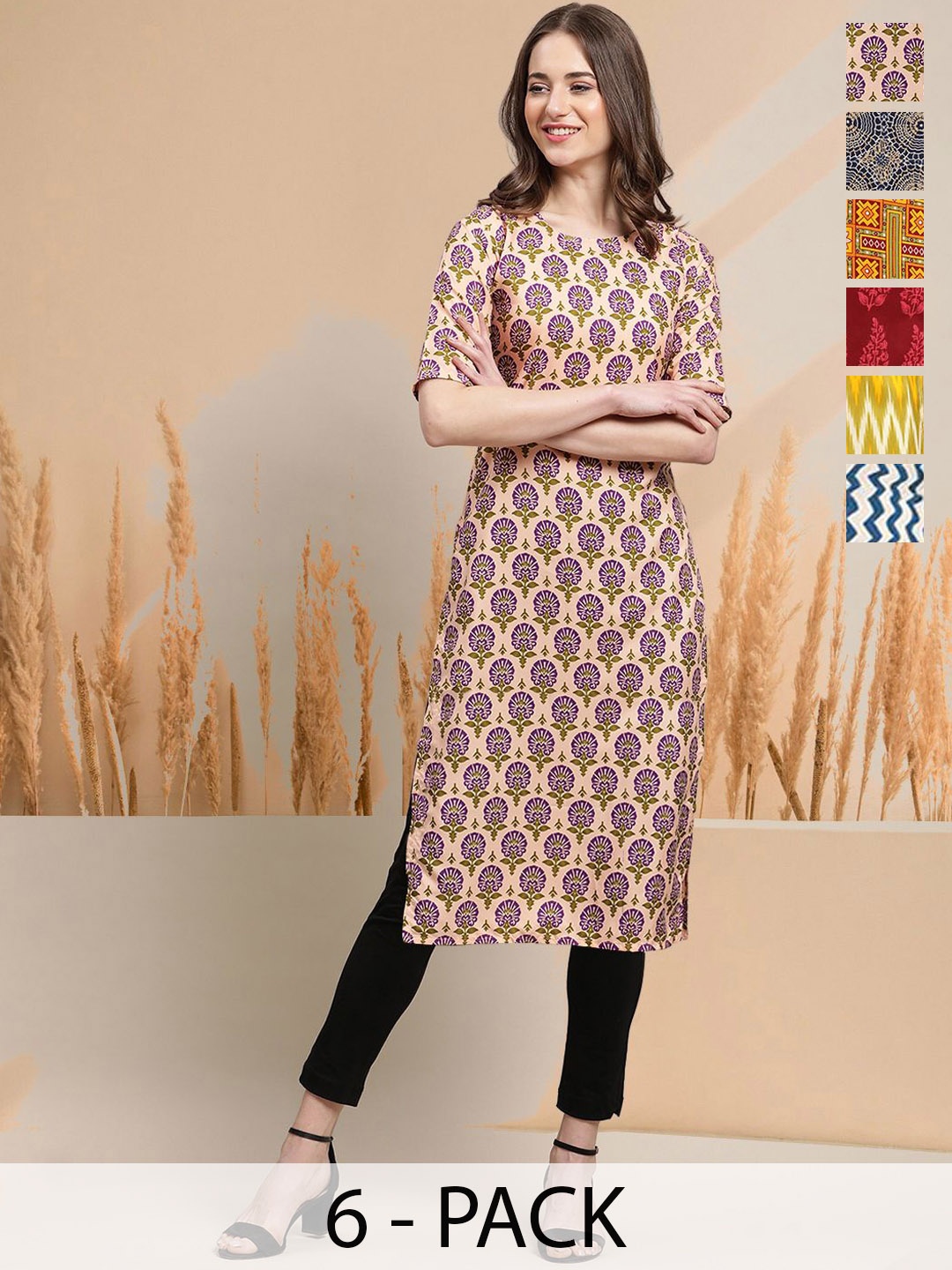 

7Threads Selection Of 6 Ethnic Motifs Printed Round Neck Straight Kurtas, Cream