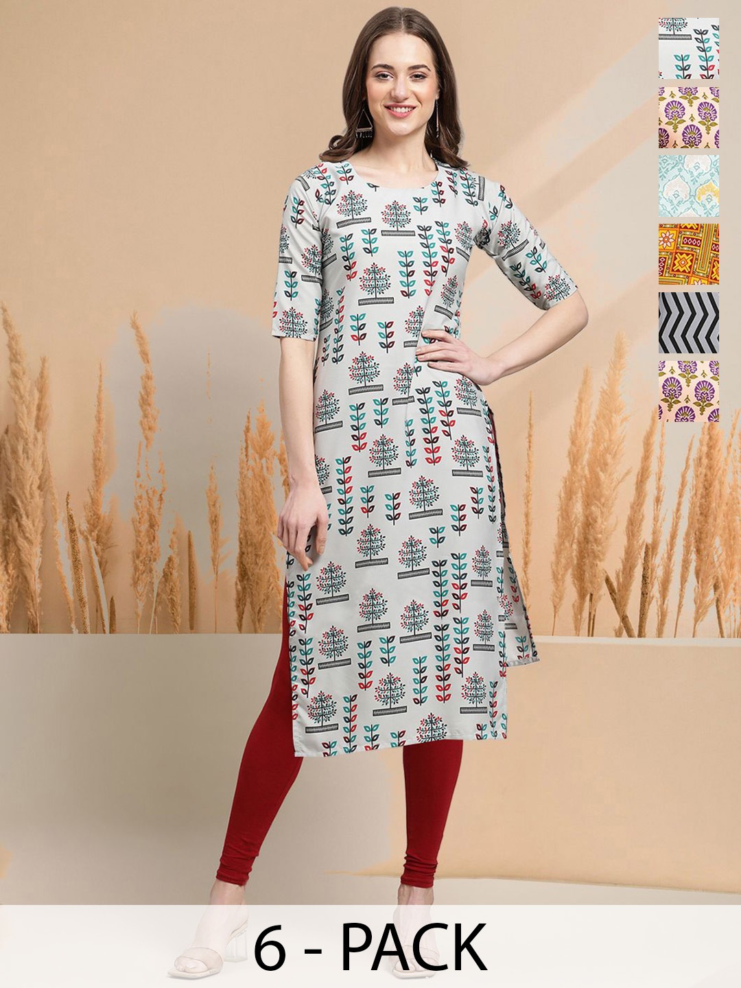 

7Threads Selection Of 6 Floral Printed Round Neck Straight Kurtas, Grey