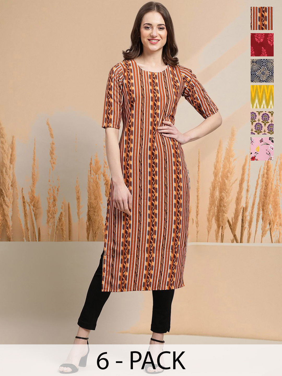 

7Threads Selection Of 6 Ethnic Motifs Printed Round Neck Straight Kurtas, Red