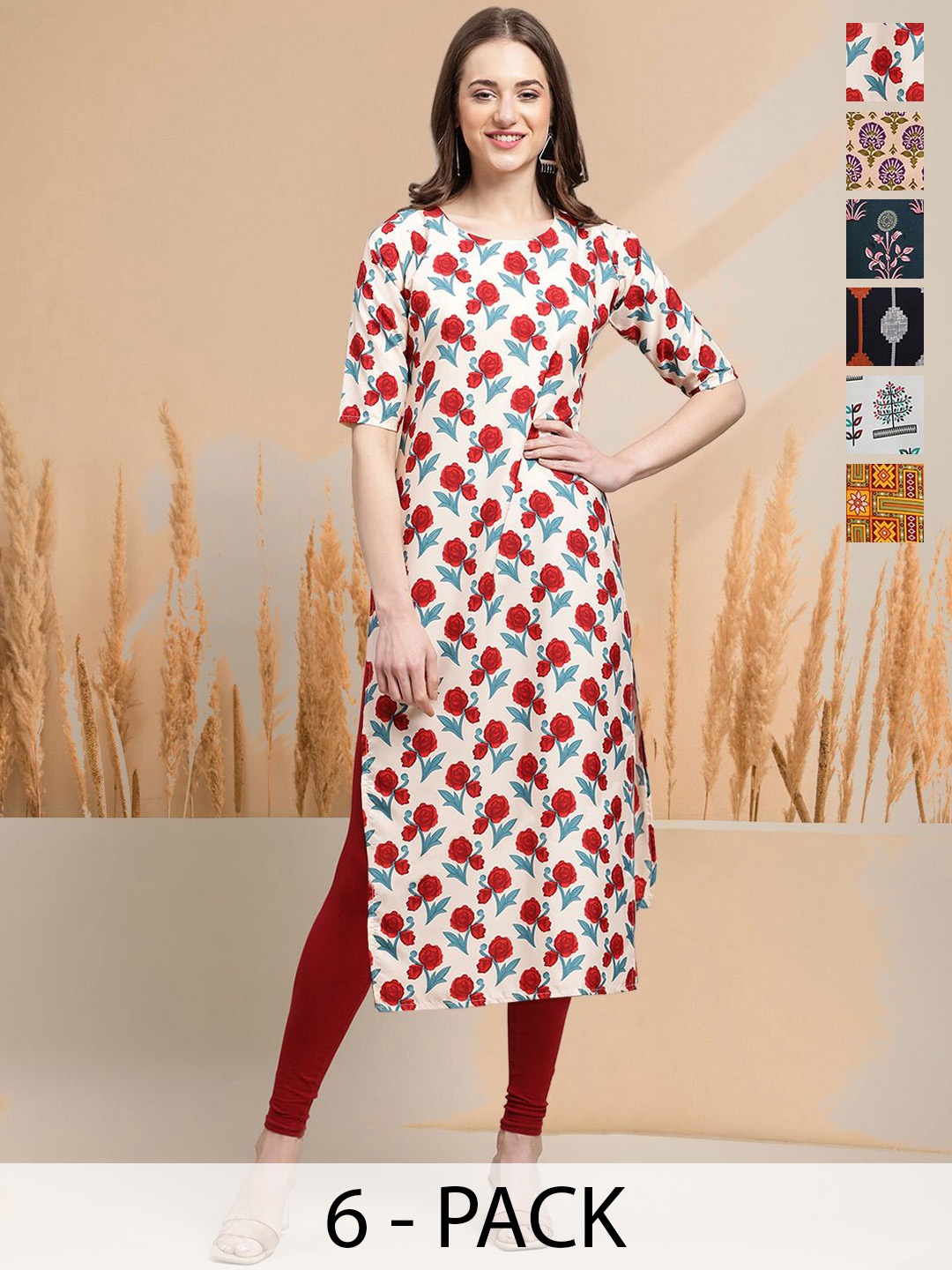 

7Threads Selection of 6 Floral Printed Round Neck Straight Kurtas, White