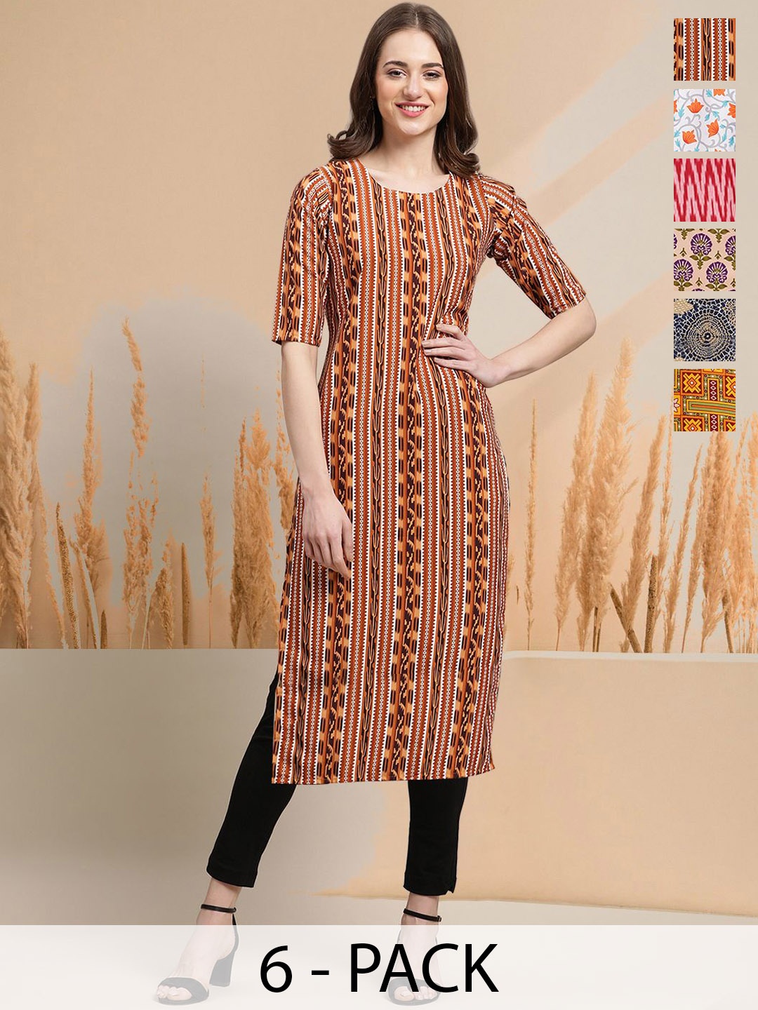 

7Threads Selection Of 6 Ethnic Motifs Printed Round Neck Straight Kurtas, Brown