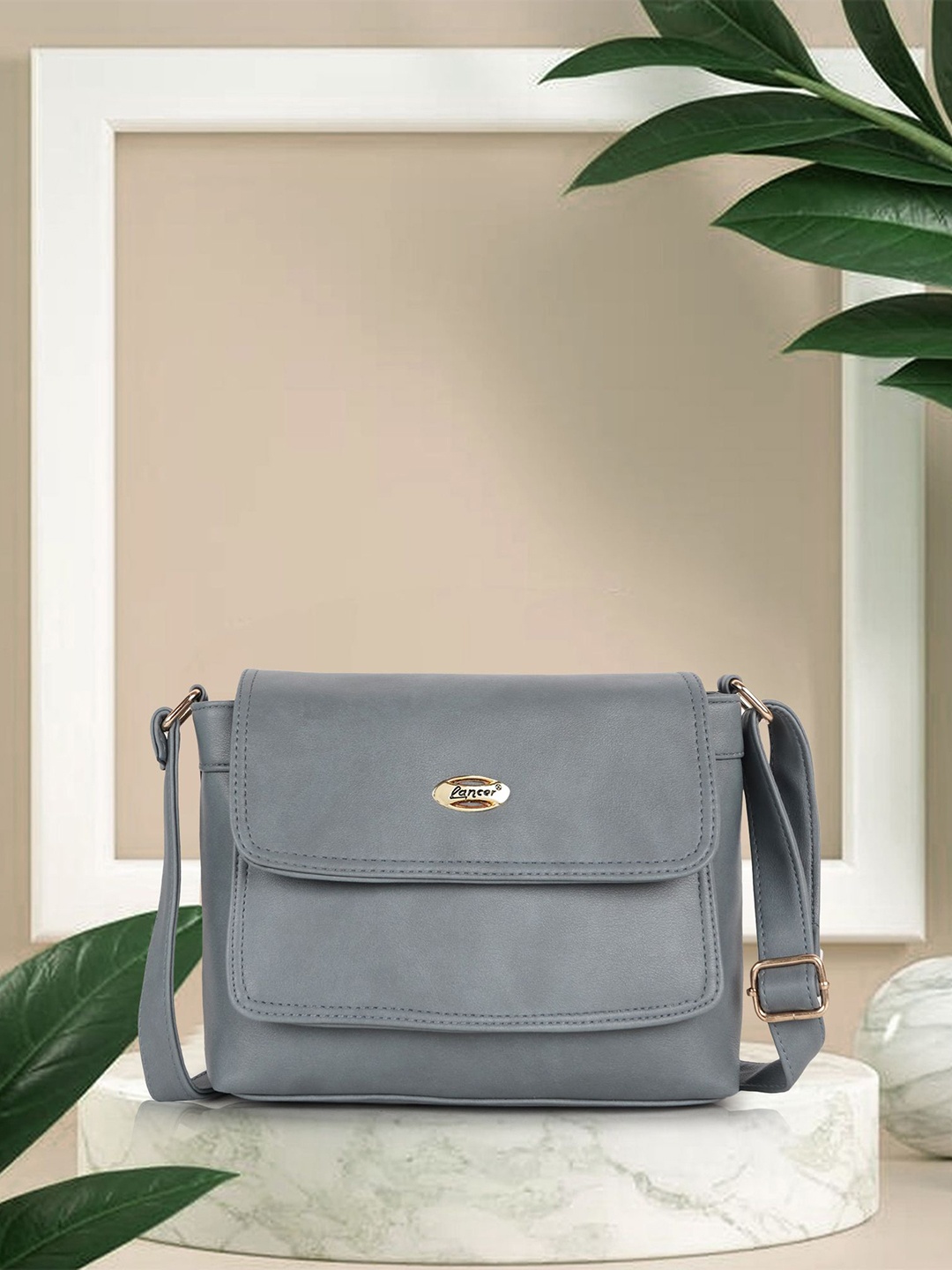 

Lancer Women Vegan Solid Structured Leather Sling Bag, Grey
