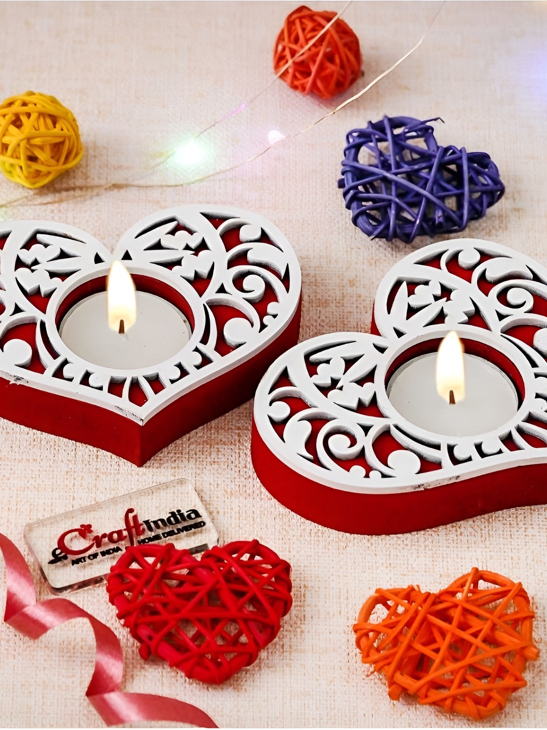 

eCraftIndia Red & White 2 Pieces Ceramic Candle Holder