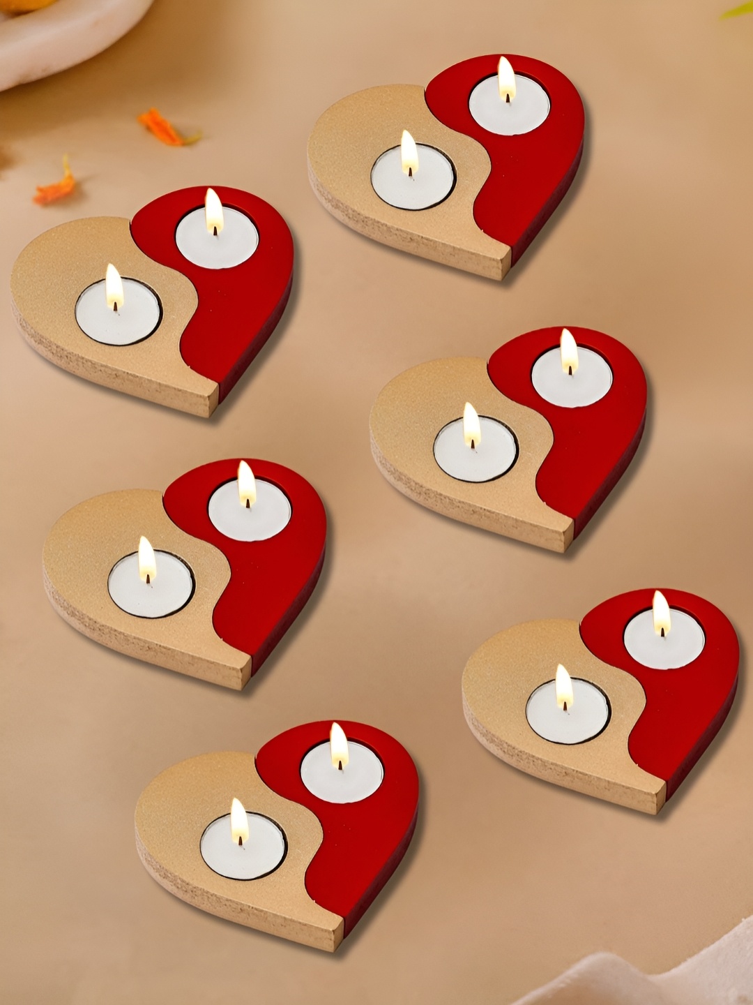 

eCraftIndia Red & Gold-Toned 6 Pieces Wooden Candle Holders