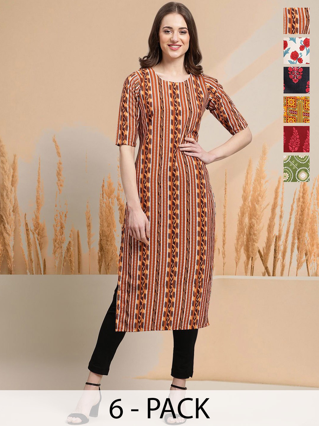 

77Threads Selection of 6 Geometric Printed Round Neck Straight Kurtas, Brown