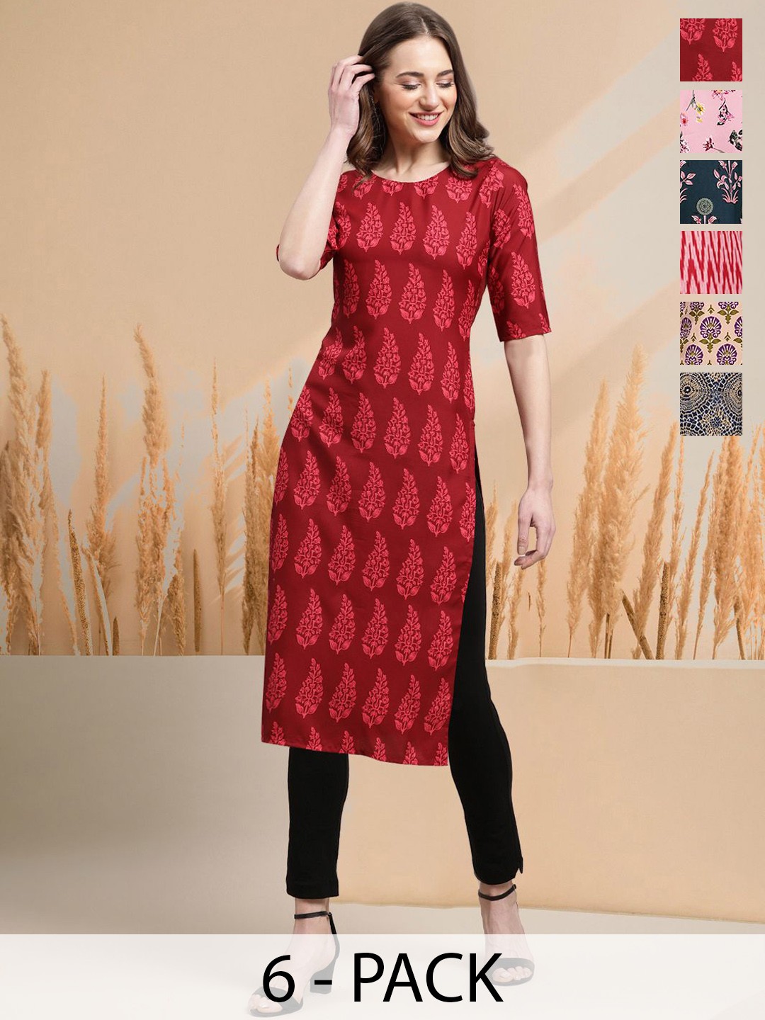 

7Threads Selection Of 6 Ethnic Motifs Printed Round Neck Straight Kurtas, Red