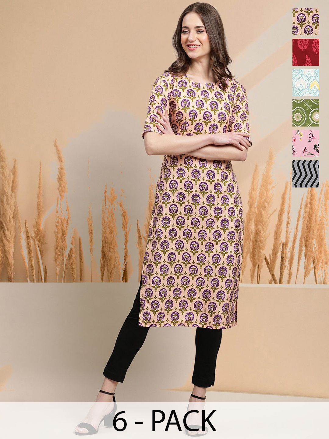 

7Threads Selection Of 6 Floral Printed Round Neck Straight Kurtas, Pink