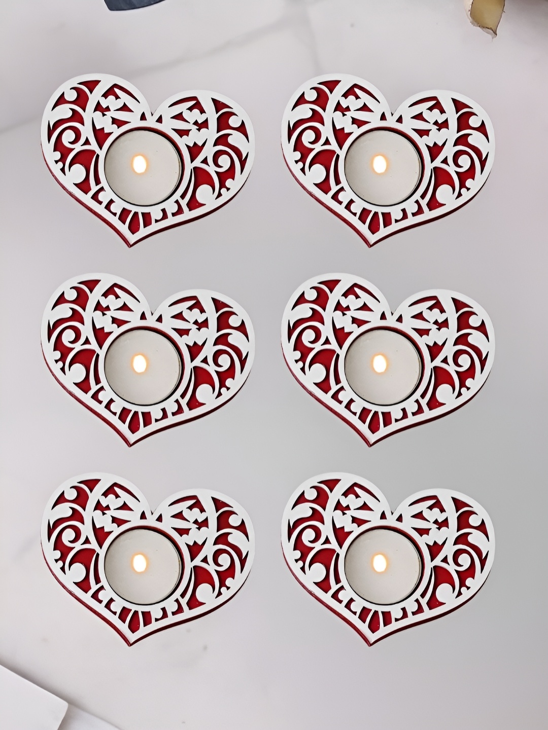 

eCraftIndia Red & White 6 Pieces Textured Heart Shaped Wooden Tea Light Candle Holders