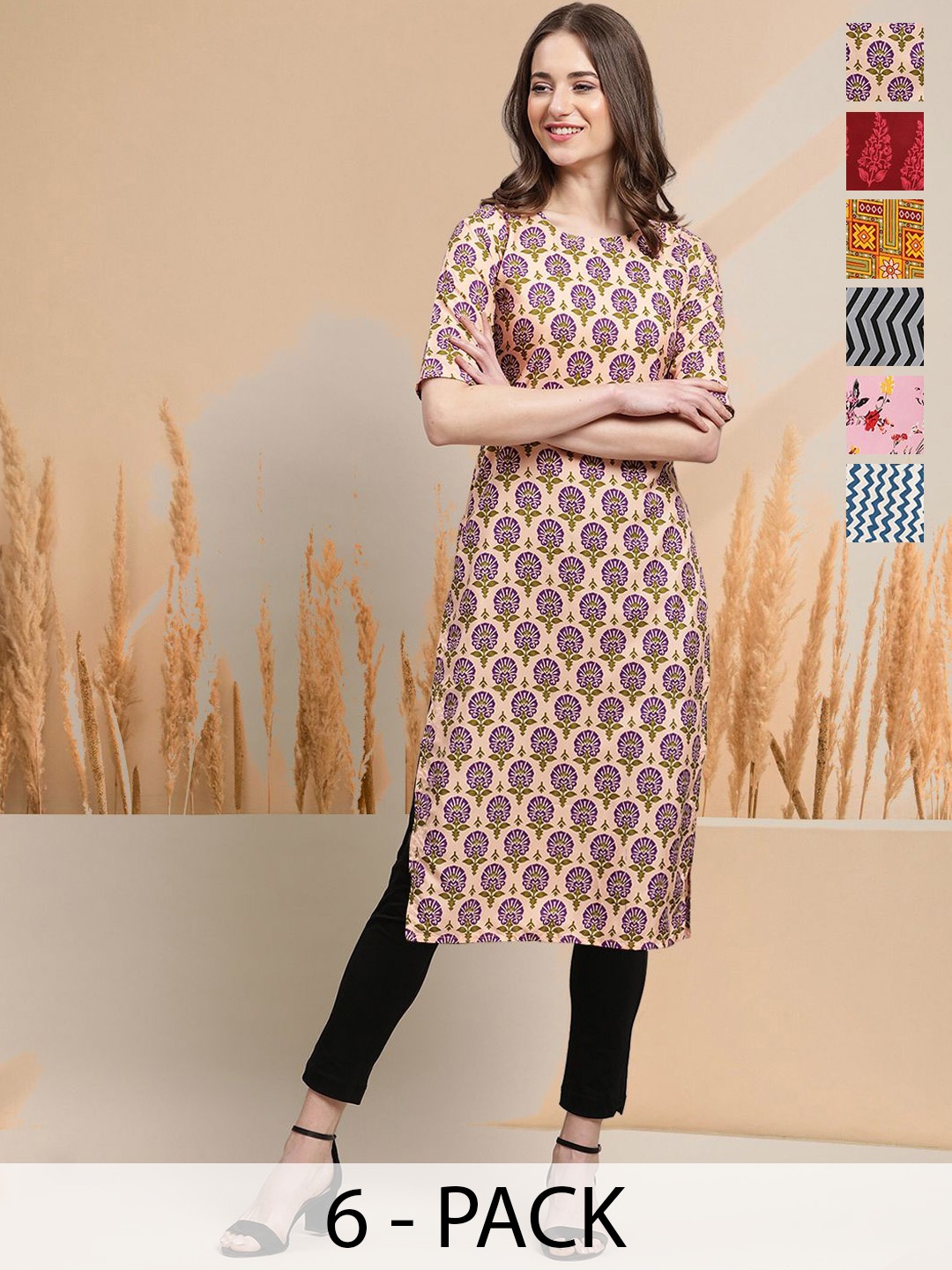 

7Threads Selection Of 6 Floral Printed Round Neck Straight Kurtas, Peach