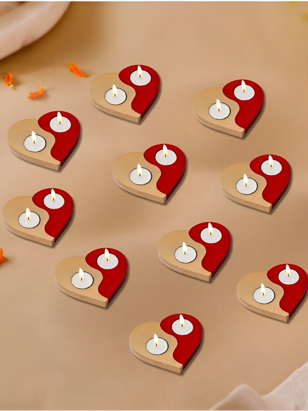 

eCraftIndia Red & Gold-Toned 10 Pieces Couple's Heart Wooden Tea Light Candle Holders