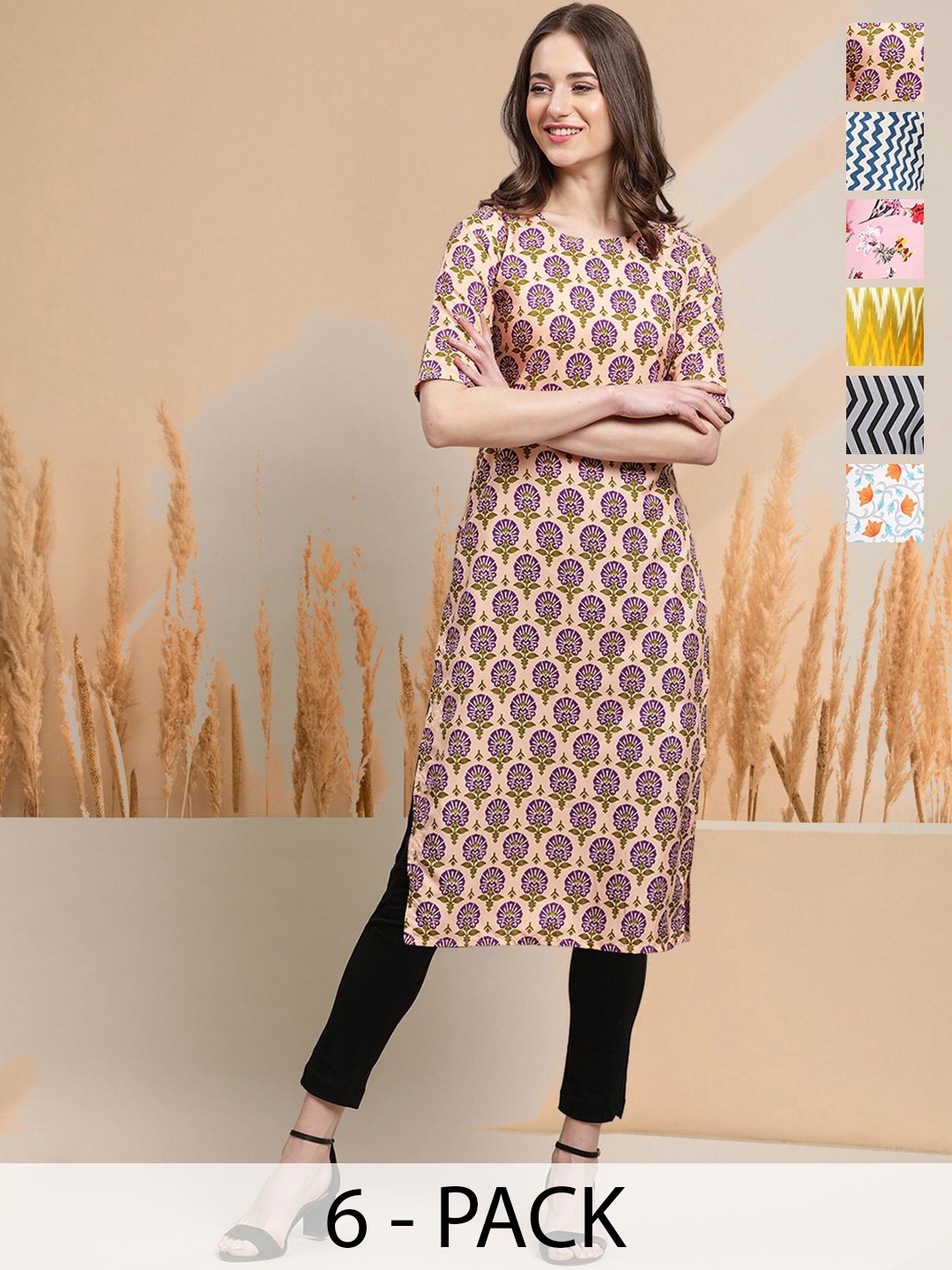 

7Threads Selection Of 6 Floral Printed Round Neck Straight Kurtas, Cream