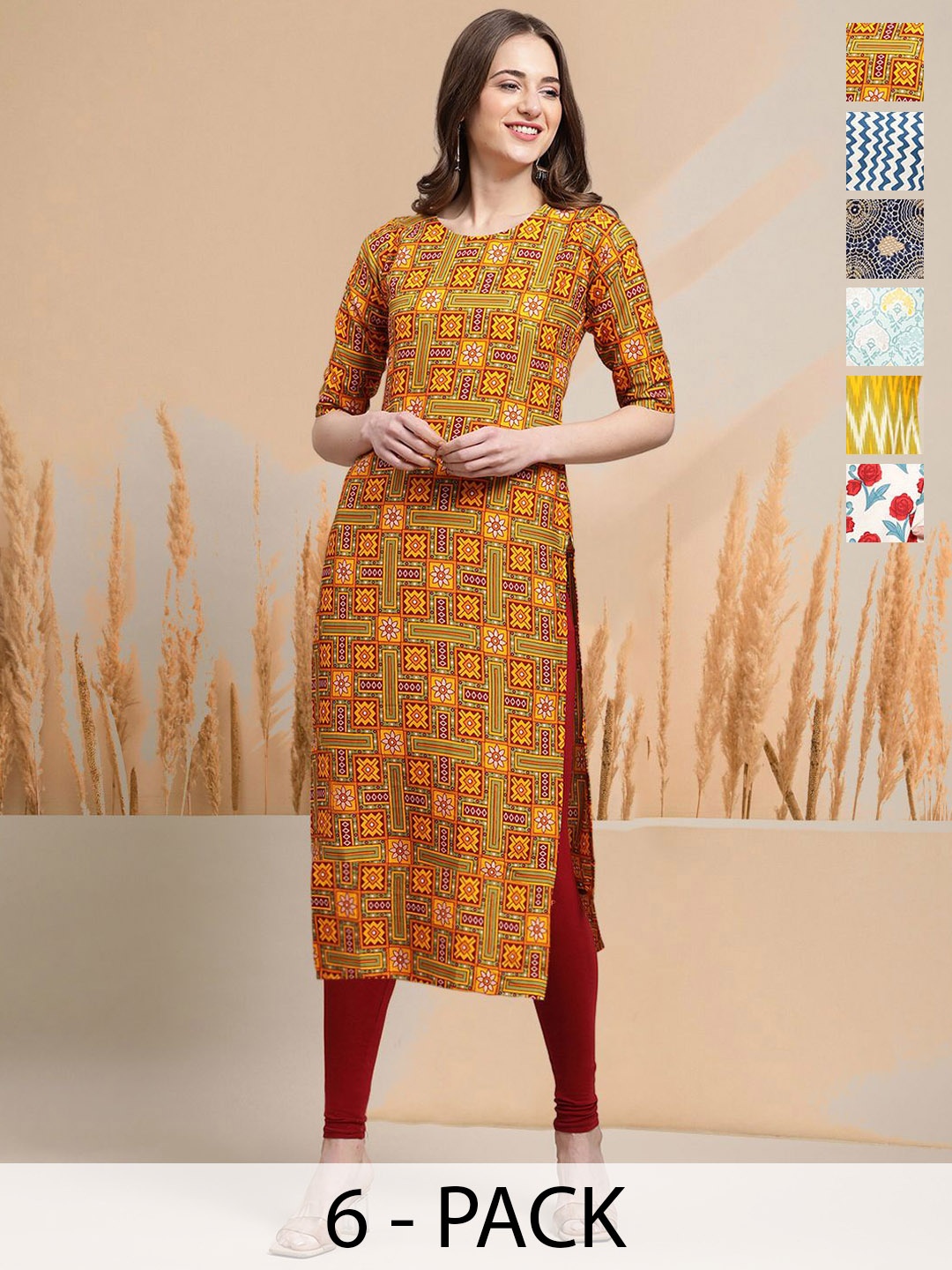 

7Threads Selection of 6 Ethnic Motifs Printed Round Neck Straight Kurtas, Mustard