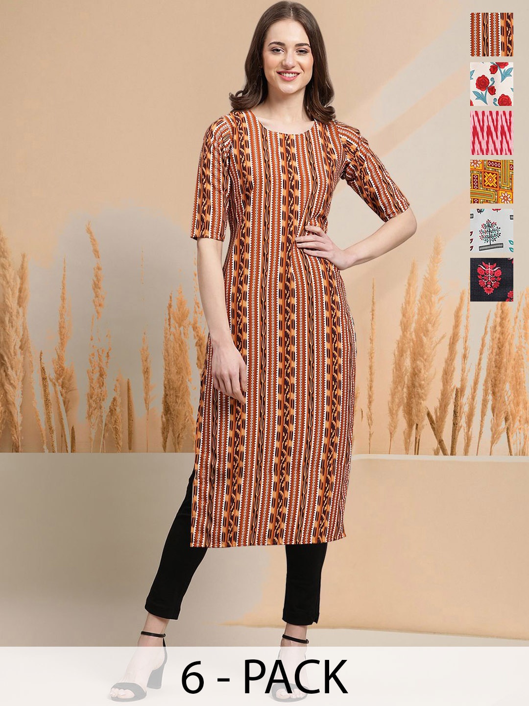 

7Threads Selection Of 6 Ethnic Motifs Printed Round Neck Straight Kurtas, Brown