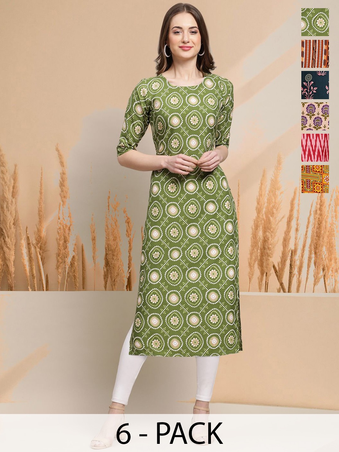 

7Threads Selection Of 6 Ethnic Motifs Printed Round Neck Straight Kurtas, Green