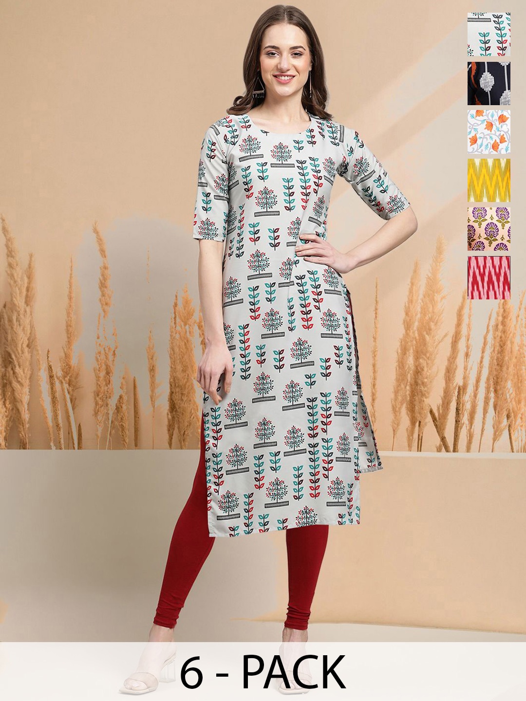 

7Threads Selection Of 6 Floral Printed Round Neck Straight Kurtas, White